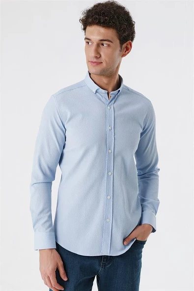 Koyu Mavi Uzun Kollu Gofreli Cepsiz Pamuklu Likralı Klasik Slim Fit Dar Kesim Gömlek 1004230178 ürün görseli