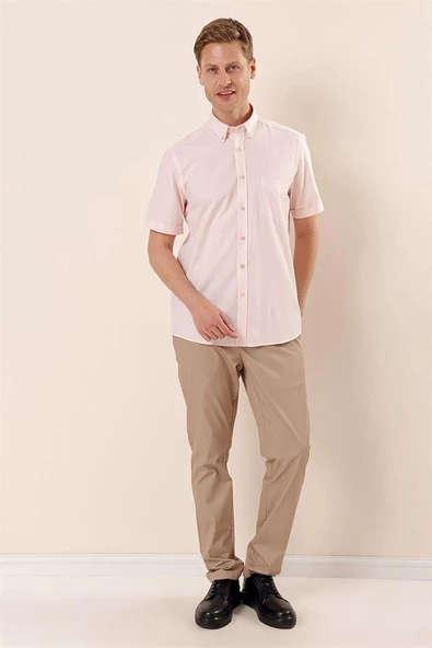 Pudra Kısa Kollu DesenliCepli Pamuklu Klasik Comfort Fit Rahat Kesim Gömlek 1004230174 - Resim 2