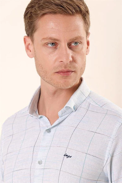 Koyu Mavi Uzun Kollu Kareli Cepsiz Klasik Slim Fit Dar Kesim Gömlek 1004230175 - Resim 4