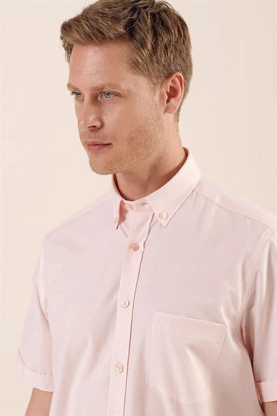 Pudra Kısa Kollu DesenliCepli Pamuklu Klasik Comfort Fit Rahat Kesim Gömlek 1004230174 - Resim 4