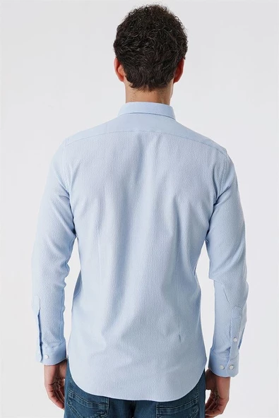 Koyu Mavi Uzun Kollu Gofreli Cepsiz Pamuklu Likralı Klasik Slim Fit Dar Kesim Gömlek 1004230178 - Resim 5