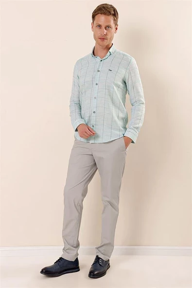 Koyu Yeşil Uzun Kollu Kareli Cepsiz Klasik Slim Fit Dar Kesim Gömlek 1004230175 - Resim 2