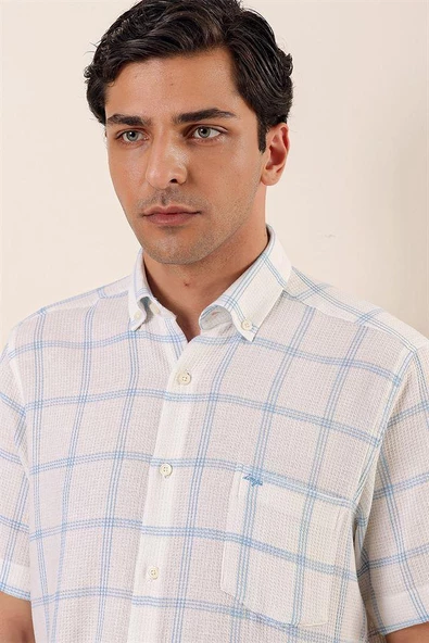 Koyu Mavi Kısa Kollu EkoseliCepli %100 Pamuk Klasik Comfort Fit Rahat Kesim Gömlek 1004230173 - Resim 4