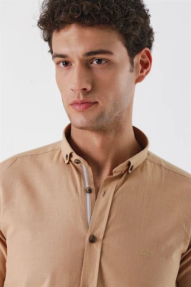 Camel Kısalabilir Kollu Cepsiz Biyeli %100 Pamuk Casual Slim Fit Dar Kesim Gömlek 1004230179 - 5