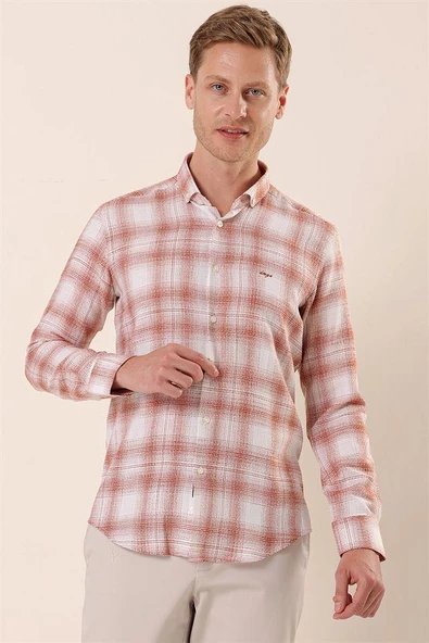 Kiremit Uzun Kollu Kareli Cepsiz %100 Pamuk Klasik Slim Fit Dar Kesim Gömlek 1004230176 - Resim 3