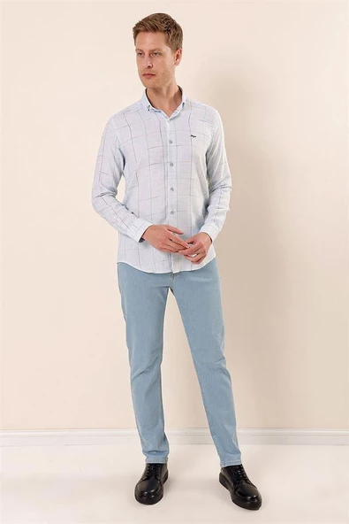 Koyu Mavi Uzun Kollu Kareli Cepsiz Klasik Slim Fit Dar Kesim Gömlek 1004230175 - Resim 2