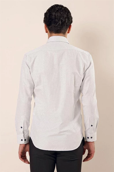 Siyah Uzun Kollu Desenli Armürlü Sert Yaka Cepsiz Pamuklu Klasik Slim Fit Gömlek 1004230177 - Resim 5