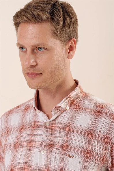 Kiremit Uzun Kollu Kareli Cepsiz %100 Pamuk Klasik Slim Fit Dar Kesim Gömlek 1004230176 - Resim 4