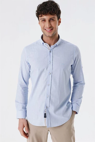 Buz Mavi Kısalabilir Kollu Cepsiz Biyeli %100 Pamuk Casual Slim Fit Dar Kesim Gömlek 1004230179