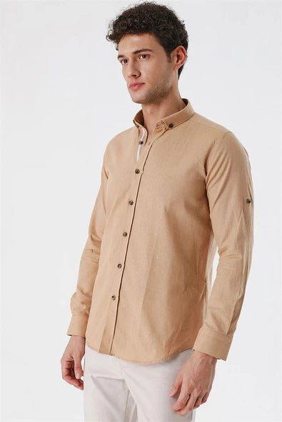 Camel Kısalabilir Kollu Cepsiz Biyeli %100 Pamuk Casual Slim Fit Dar Kesim Gömlek 1004230179 - 3