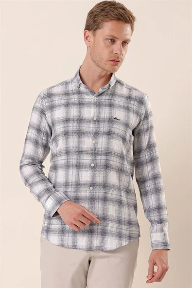 Koyu Lacivert Uzun Kollu Kareli Cepsiz %100 Pamuk Klasik Slim Fit Dar Kesim Gömlek 1004230176