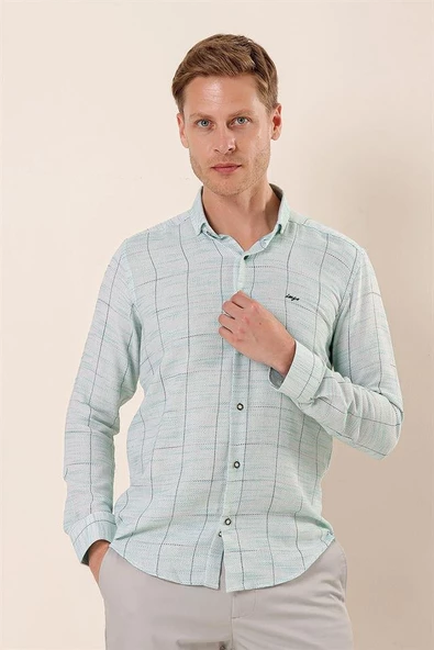 Koyu Yeşil Uzun Kollu Kareli Cepsiz Klasik Slim Fit Dar Kesim Gömlek 1004230175 - Resim 3