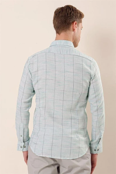 Koyu Yeşil Uzun Kollu Kareli Cepsiz Klasik Slim Fit Dar Kesim Gömlek 1004230175 - Resim 5