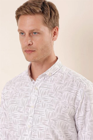 Beyaz Uzun Kollu Baskılı Oxford Cepsiz Pamuklu Klasik Slim Fit Dar Kesim Gömlek 1004230170 - Resim 4