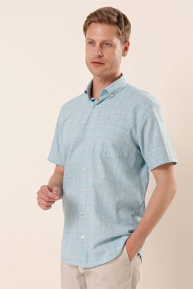 Açık Turkuaz Kısa Kollu EkoseliCepli %100 Pamuk Klasik Comfort Fit Rahat Kesim Gömlek 1004230172 - Resim 3