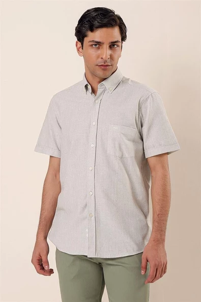 Koyu Haki Kısa Kollu DesenliCepli Pamuklu Klasik Comfort Fit Rahat Kesim Gömlek 1004230158