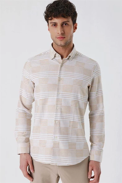 Camel Uzun Kollu ÇizgiliCepsiz %100 Pamuk Klasik Slim Fit Dar Kesim Gömlek 1004230164