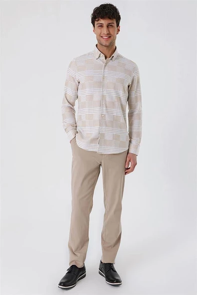 Camel Uzun Kollu ÇizgiliCepsiz %100 Pamuk Klasik Slim Fit Dar Kesim Gömlek 1004230164 - 2
