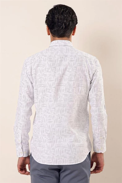 Beyaz Uzun Kollu Baskılı Oxford Cepsiz Pamuklu Klasik Slim Fit Dar Kesim Gömlek 1004230170 - Resim 5