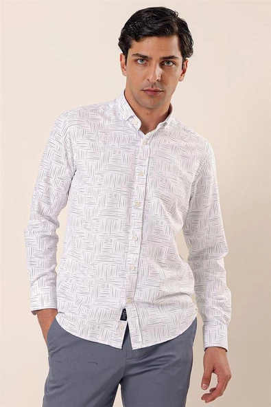 Beyaz Uzun Kollu Baskılı Oxford Cepsiz Pamuklu Klasik Slim Fit Dar Kesim Gömlek 1004230170 - Resim 3