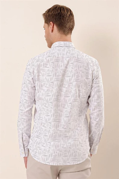 Beyaz Uzun Kollu Baskılı Oxford Cepsiz Pamuklu Klasik Slim Fit Dar Kesim Gömlek 1004230170 - Resim 5