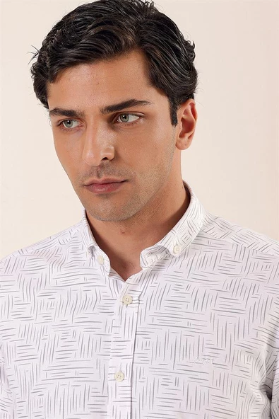 Beyaz Uzun Kollu Baskılı Oxford Cepsiz Pamuklu Klasik Slim Fit Dar Kesim Gömlek 1004230170 - Resim 4