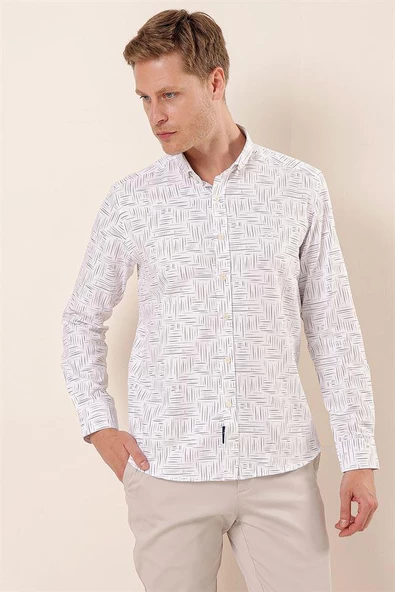 Beyaz Uzun Kollu Baskılı Oxford Cepsiz Pamuklu Klasik Slim Fit Dar Kesim Gömlek 1004230170 - Resim 3