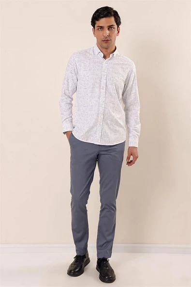 Beyaz Uzun Kollu Baskılı Oxford Cepsiz Pamuklu Klasik Slim Fit Dar Kesim Gömlek 1004230170 - Resim 2