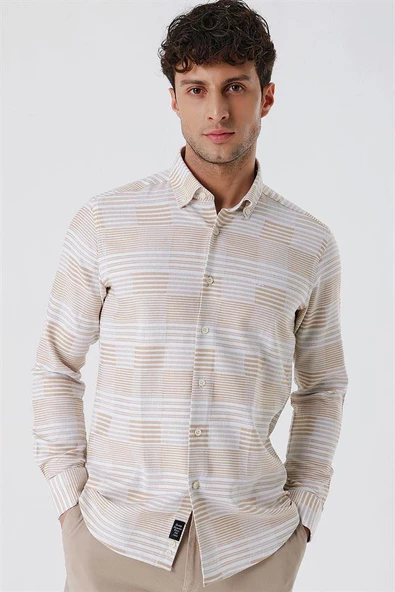 Camel Uzun Kollu ÇizgiliCepsiz %100 Pamuk Klasik Slim Fit Dar Kesim Gömlek 1004230164 - 4