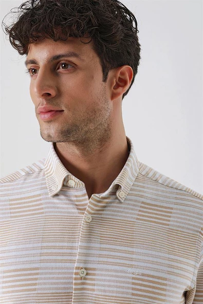 Camel Uzun Kollu ÇizgiliCepsiz %100 Pamuk Klasik Slim Fit Dar Kesim Gömlek 1004230164 - 5