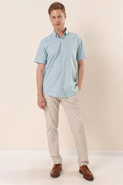 Açık Turkuaz Kısa Kollu EkoseliCepli %100 Pamuk Klasik Comfort Fit Rahat Kesim Gömlek 1004230172 - Resim 2