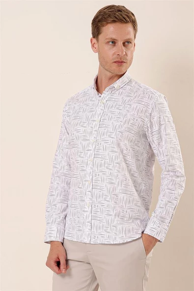 Beyaz Uzun Kollu Baskılı Oxford Cepsiz Pamuklu Klasik Slim Fit Dar Kesim Gömlek 1004230170