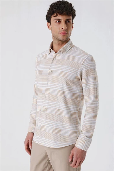 Camel Uzun Kollu ÇizgiliCepsiz %100 Pamuk Klasik Slim Fit Dar Kesim Gömlek 1004230164 - 3