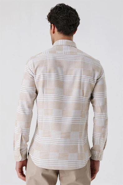 Camel Uzun Kollu ÇizgiliCepsiz %100 Pamuk Klasik Slim Fit Dar Kesim Gömlek 1004230164 - 6