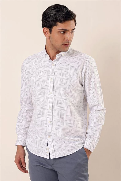 Beyaz Uzun Kollu Baskılı Oxford Cepsiz Pamuklu Klasik Slim Fit Dar Kesim Gömlek 1004230170