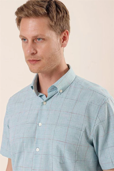 Açık Turkuaz Kısa Kollu EkoseliCepli %100 Pamuk Klasik Comfort Fit Rahat Kesim Gömlek 1004230172 - Resim 4