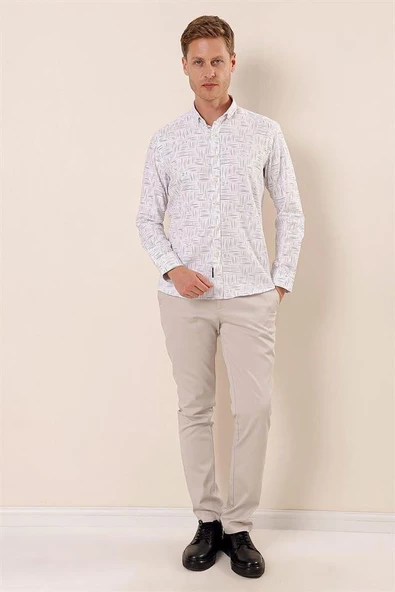 Beyaz Uzun Kollu Baskılı Oxford Cepsiz Pamuklu Klasik Slim Fit Dar Kesim Gömlek 1004230170 - Resim 2