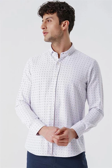 Ekru Uzun Kollu Baskılı Oxford Cepsiz Pamuklu Klasik Slim Fit Dar Kesim Gömlek 1004230167