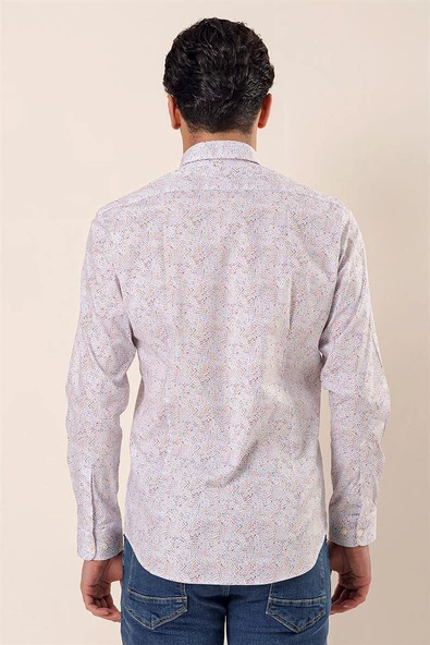 Koyu Mavi Uzun Kollu Baskılı Cepsiz Pamuklu Likralı Casual Slim Fit Dar Kesim Gömlek 1004230136 - Resim 5