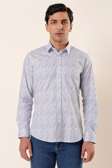 Koyu Mavi Uzun Kollu Baskılı Sert Yaka Cepsiz Pamuklu Likralı Casual Slim Fit Gömlek 1004230135 - Resim 3