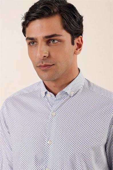 Koyu Lacivert Uzun Kollu Baskılı Cepsiz Pamuklu Likralı Klasik Slim Fit Dar Kesim Gömlek 1004230115 - Resim 4