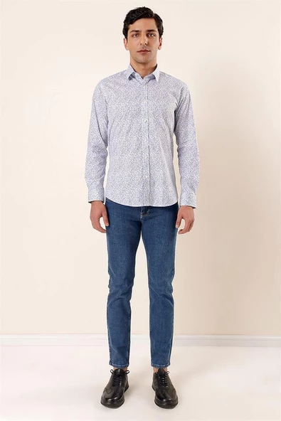 Koyu Mavi Uzun Kollu Baskılı Sert Yaka Cepsiz Pamuklu Likralı Casual Slim Fit Gömlek 1004230135 - Resim 2