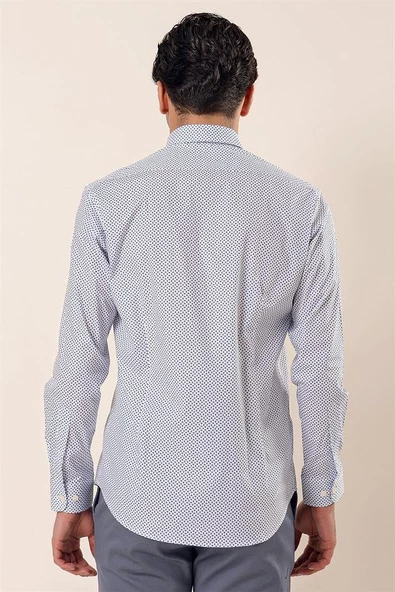 Koyu Lacivert Uzun Kollu Baskılı Cepsiz Pamuklu Likralı Klasik Slim Fit Dar Kesim Gömlek 1004230115 - Resim 5