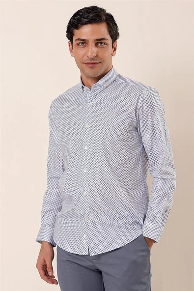 Koyu Lacivert Uzun Kollu Baskılı Cepsiz Pamuklu Likralı Klasik Slim Fit Dar Kesim Gömlek 1004230115 - Resim 3