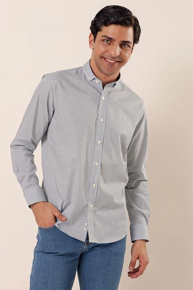 Beyaz Uzun Kollu Baskılı Cepsiz Pamuklu Likralı Casual Slim Fit Dar Kesim Gömlek 1004230120