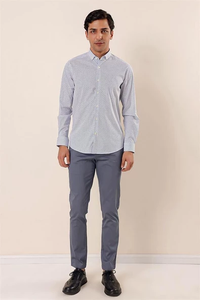 Koyu Lacivert Uzun Kollu Baskılı Cepsiz Pamuklu Likralı Klasik Slim Fit Dar Kesim Gömlek 1004230115 - Resim 2