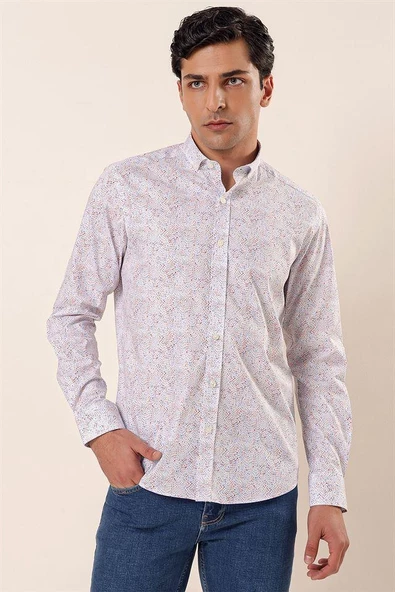 Koyu Mavi Uzun Kollu Baskılı Cepsiz Pamuklu Likralı Casual Slim Fit Dar Kesim Gömlek 1004230136 - Resim 3