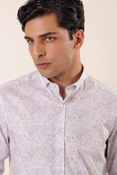 Koyu Mavi Uzun Kollu Baskılı Cepsiz Pamuklu Likralı Casual Slim Fit Dar Kesim Gömlek 1004230136 - Resim 4