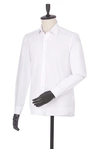 Beyaz Uzun Kollu Filafil Desen Filafil Sert Yaka Cepsiz Pamuklu Basic Slim Gömlek 1004230008 - Resim 2