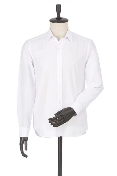 Beyaz Uzun Kollu Filafil Desen Filafil Sert Yaka Cepsiz Pamuklu Basic Slim Gömlek 1004230008